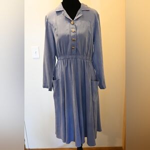 Blue Long Sleeve Collared Midi Dress